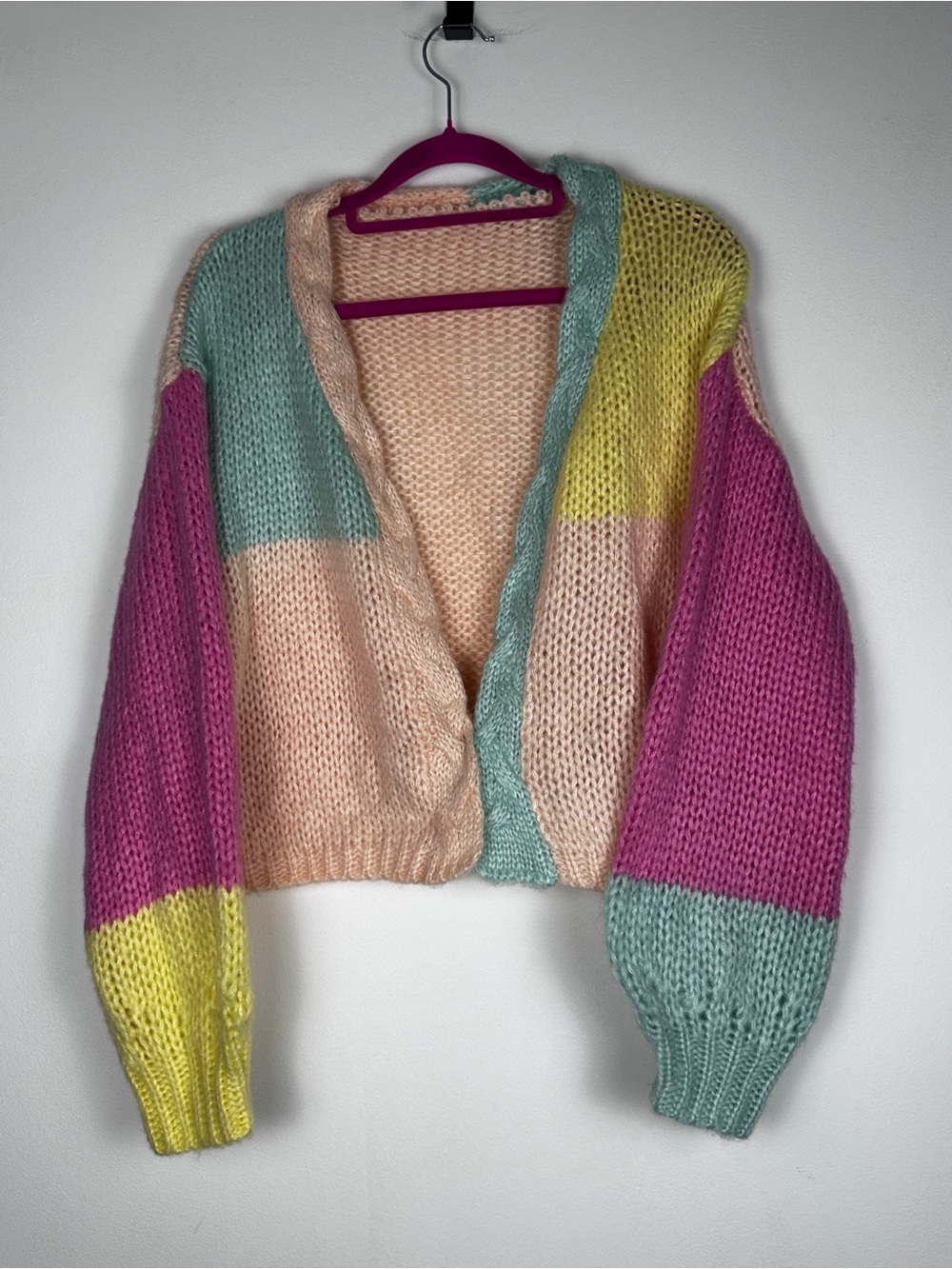 Women’s M Pastel Colorblock Chunky Knit Cardigan Balloon Sleeve Open Front